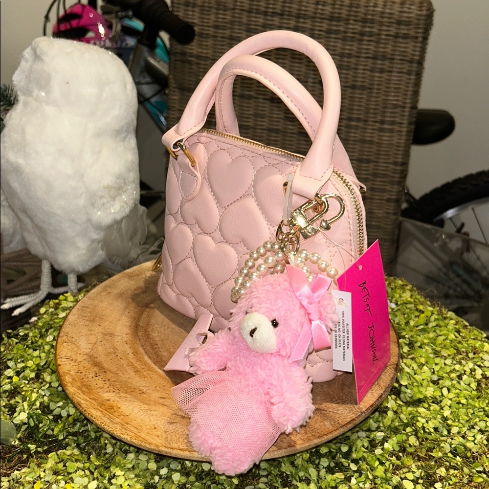 Betsey Johnson Blush Pink Heart Quilted Mini Bag with Teddy Charm 8”x 6”x 3” NWT - Picture 8 of 10